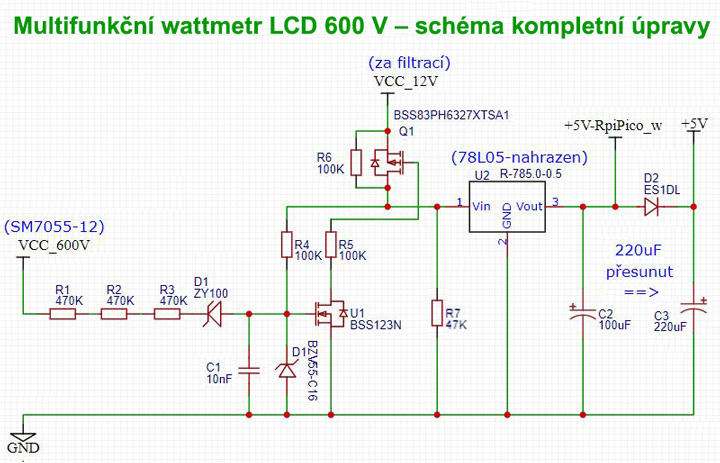 Multifunkční wattmetr 600V - schéma